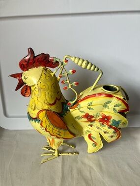 Cottagecore Handmade Painted Metal Rooster Watering Can Rustic Folk Art
